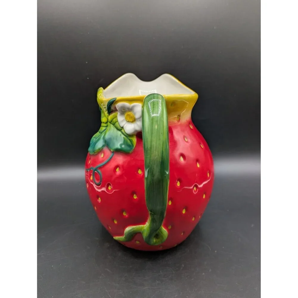 Sur La Table Ceramic Strawberry Shaped Pitcher Water Lemonade Red Green 7.5